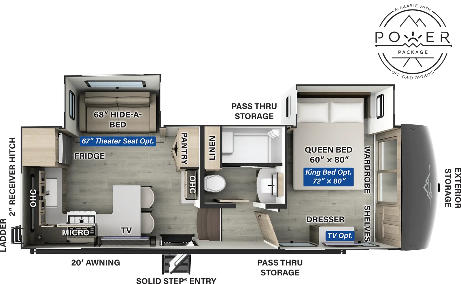 The Flagstaff Classic Fifth Wheels F281RK has one entry and two slide outs. Exterior features include: fiberglass exterior and 20' awning. Interiors features include: rear kitchen and front bedroom.